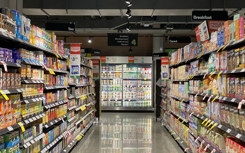 Supermarket aisle stocked with consumer goods