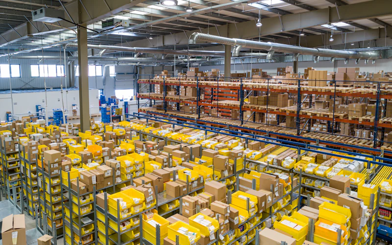Warehouse shelving stocked with boxes